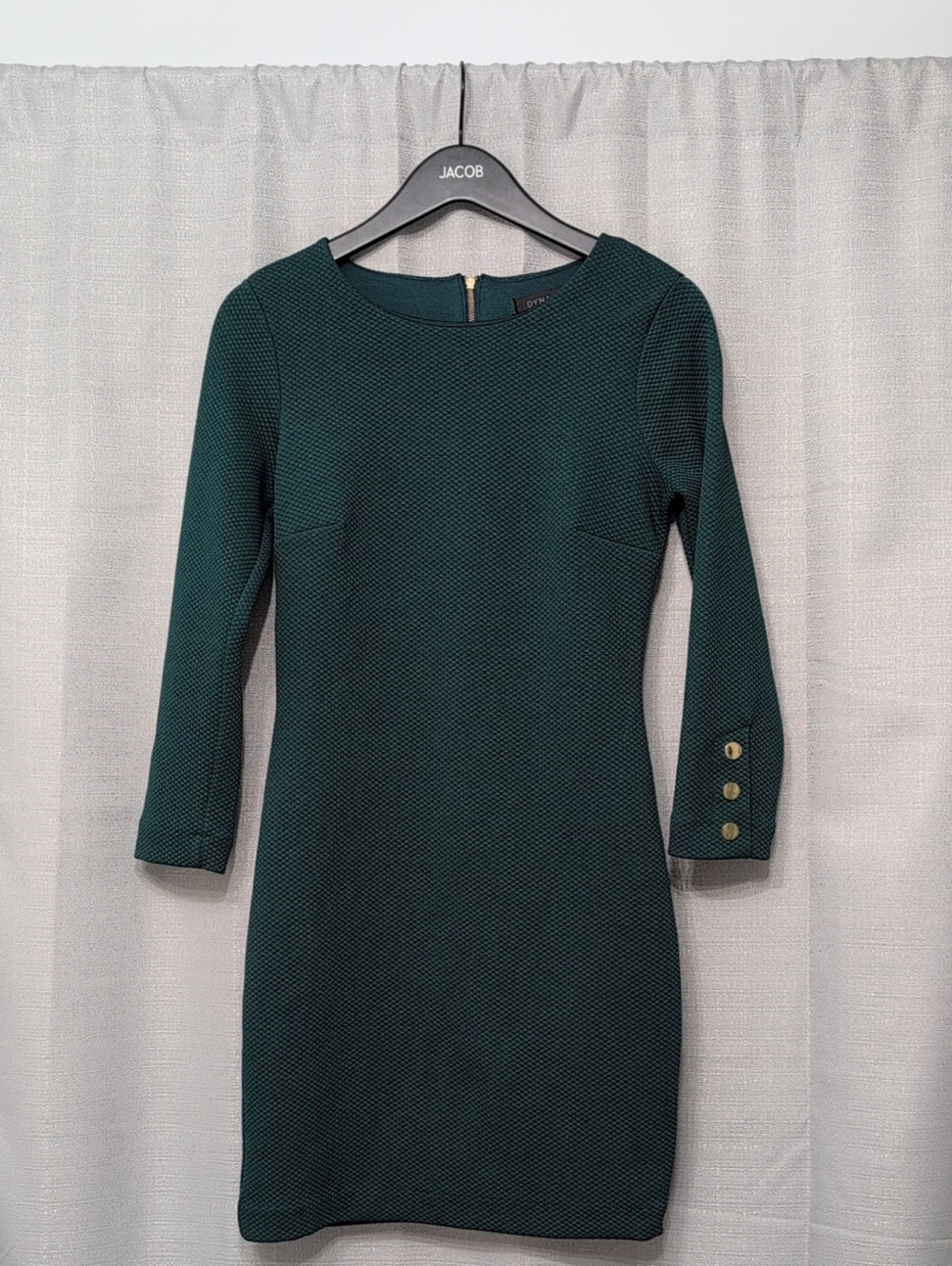Dynamite Dark Green Textured Long-Sleeve Bodycon Dress with Gold Buttons